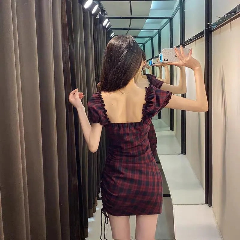 Dark Red and Black Plaid Hip Dress