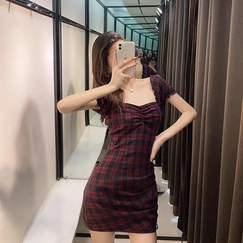 Dark Red and Black Plaid Hip Dress
