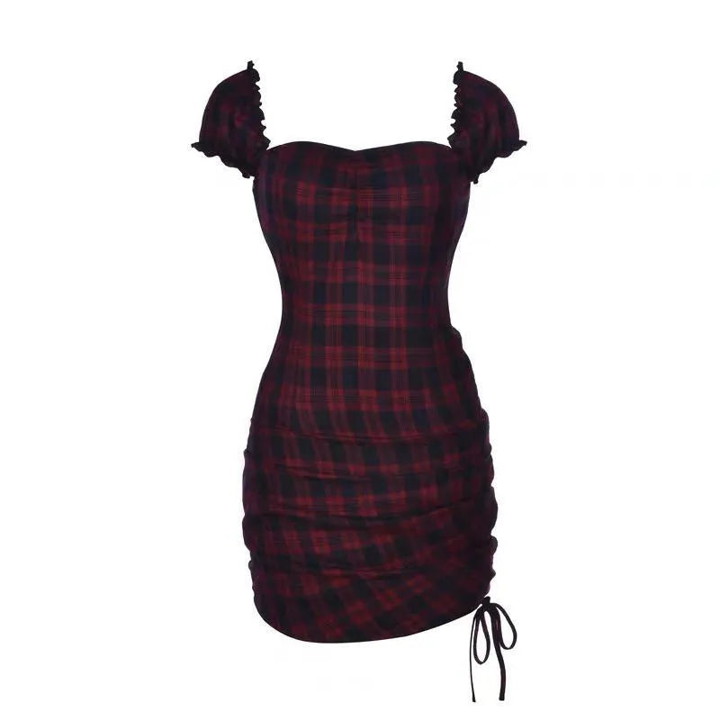 Dark Red and Black Plaid Hip Dress