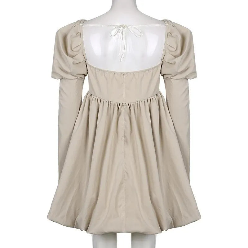 Retro Square Neck Waist Puffy Short Dress