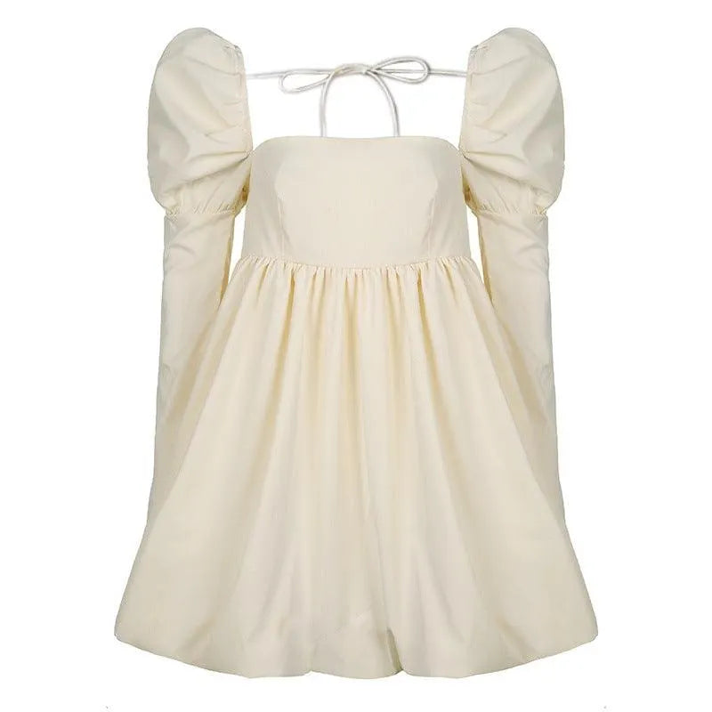 Retro Square Neck Waist Puffy Short Dress