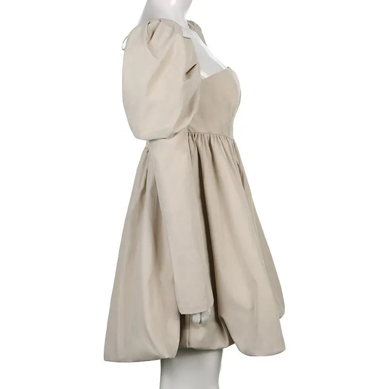 Retro Square Neck Waist Puffy Short Dress