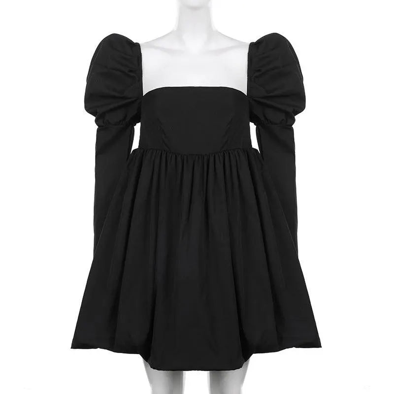 Retro Square Neck Waist Puffy Short Dress