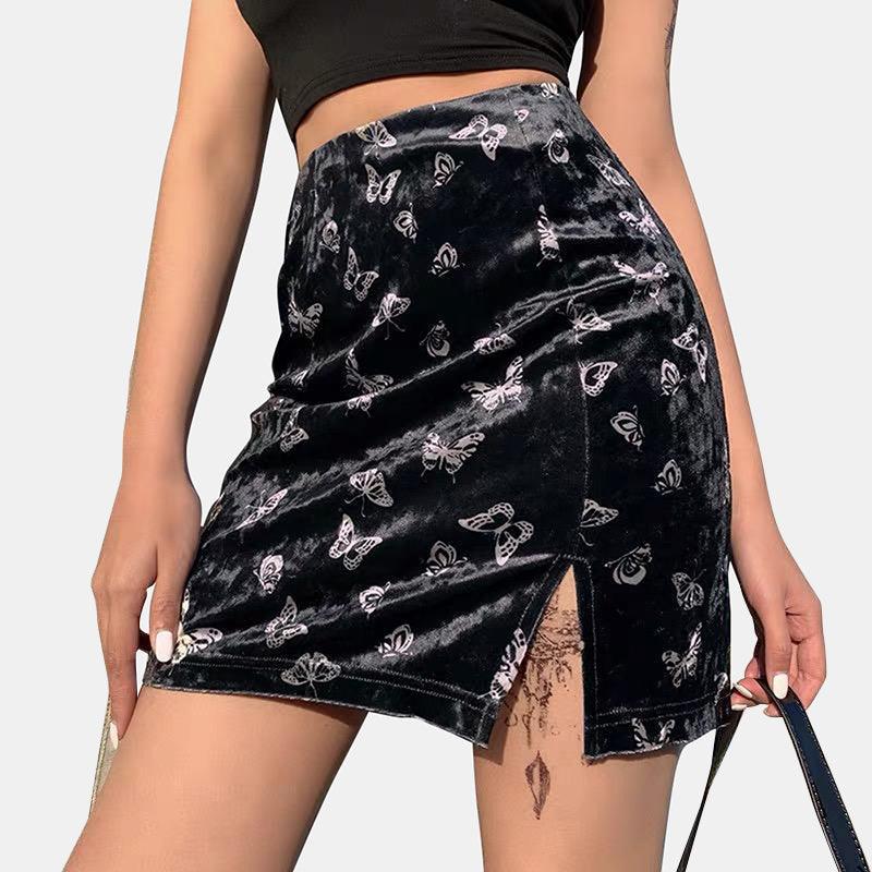 Butterfly Printed Side Slit Velvet High Waisted Skirt