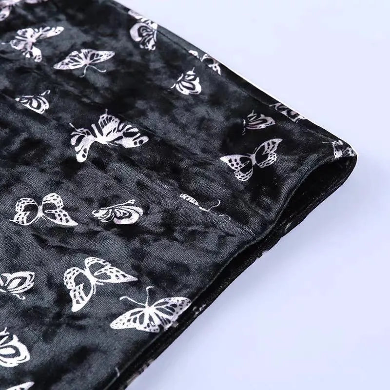 Butterfly Printed Side Slit Velvet High Waisted Skirt