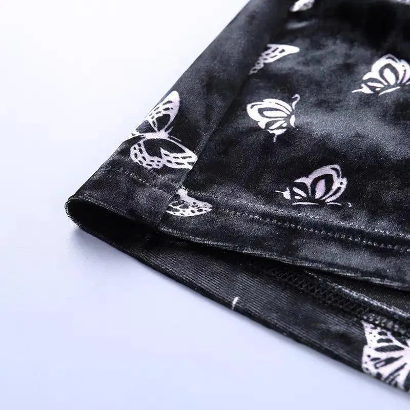 Butterfly Printed Side Slit Velvet High Waisted Skirt