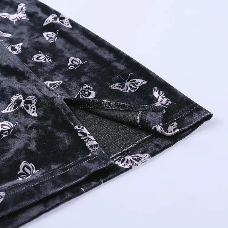 Butterfly Printed Side Slit Velvet High Waisted Skirt