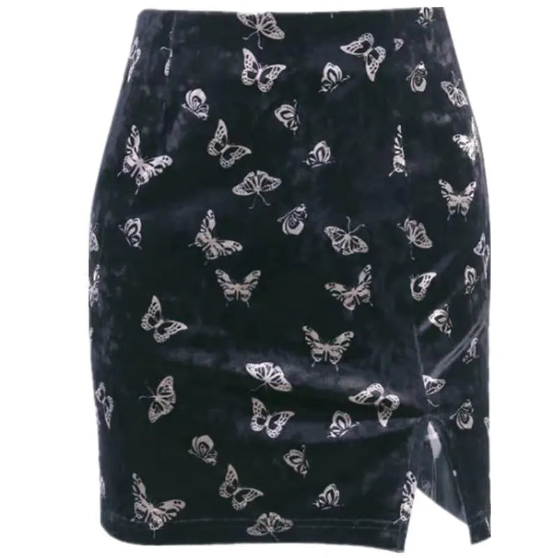 Butterfly Printed Side Slit Velvet High Waisted Skirt