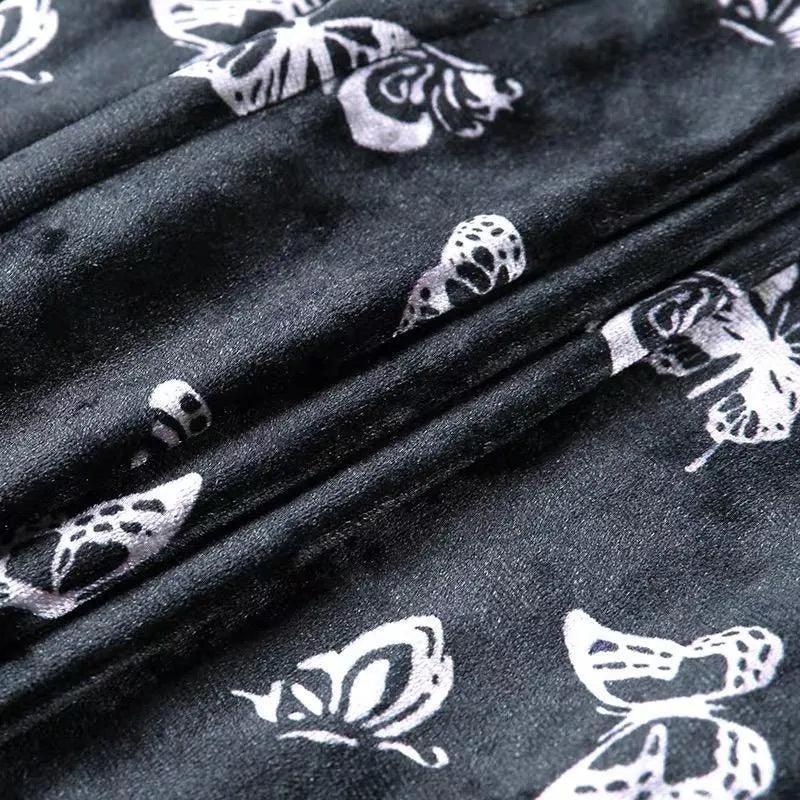 Butterfly Printed Side Slit Velvet High Waisted Skirt