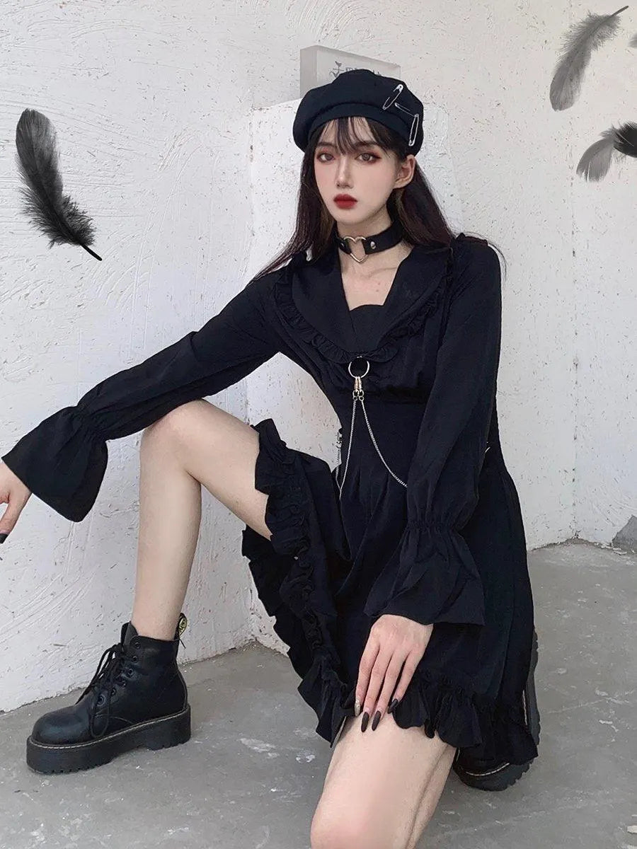 Punk Long Sleeve Black Dress