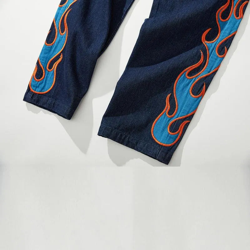 Burning Fire Embroidery Hiphop Straight Men Pants