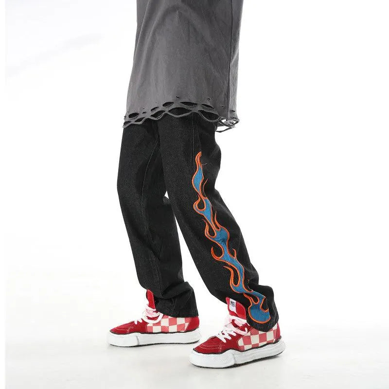 Burning Fire Embroidery Hiphop Straight Men Pants
