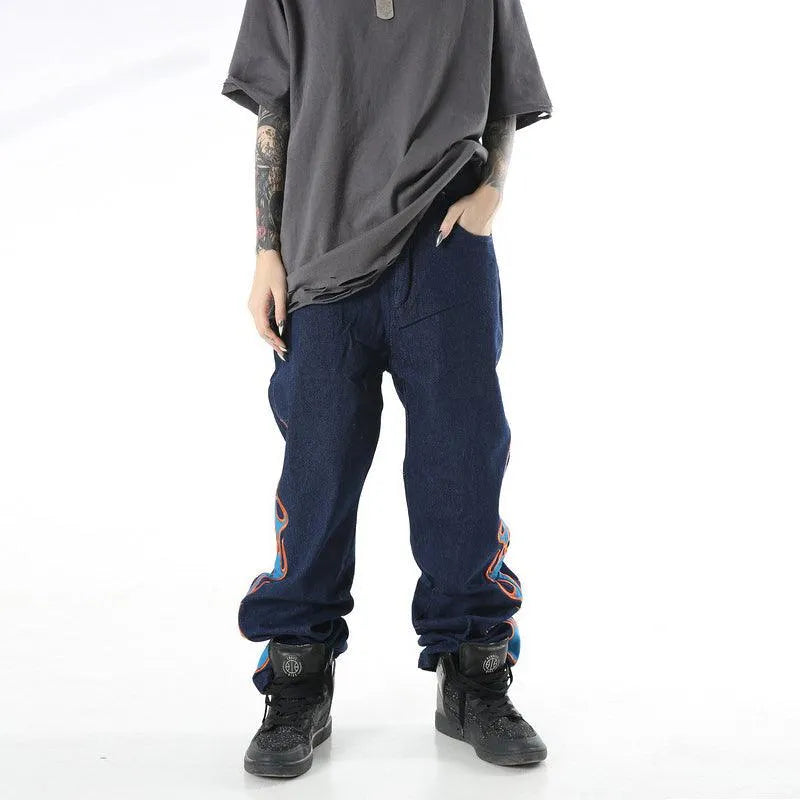 Burning Fire Embroidery Hiphop Straight Men Pants