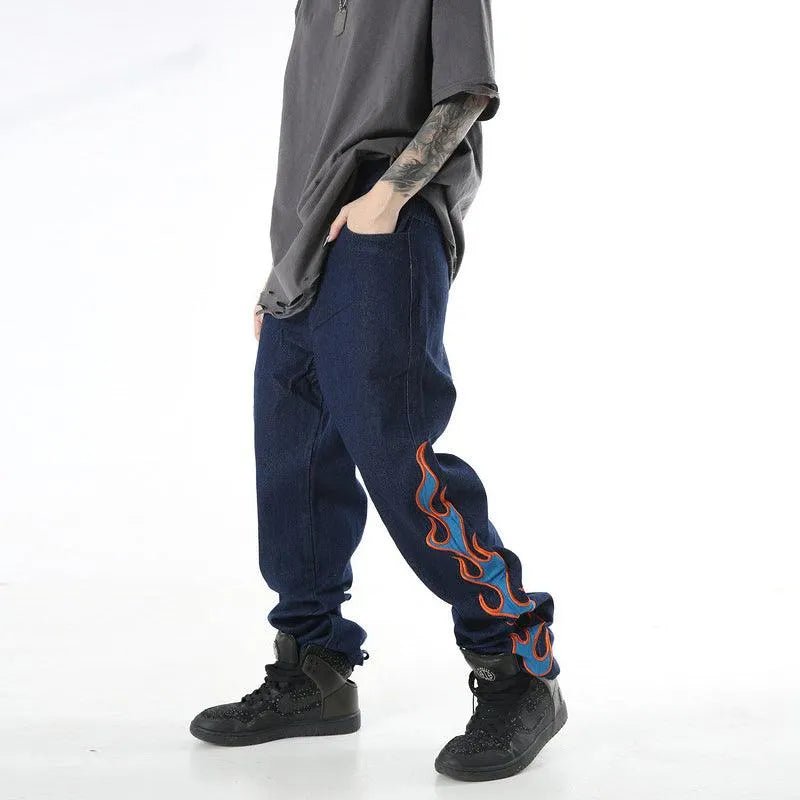 Burning Fire Embroidery Hiphop Straight Men Pants