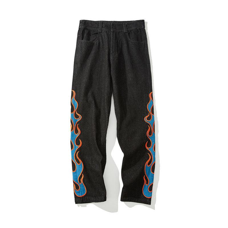 Burning Fire Embroidery Hiphop Straight Men Pants