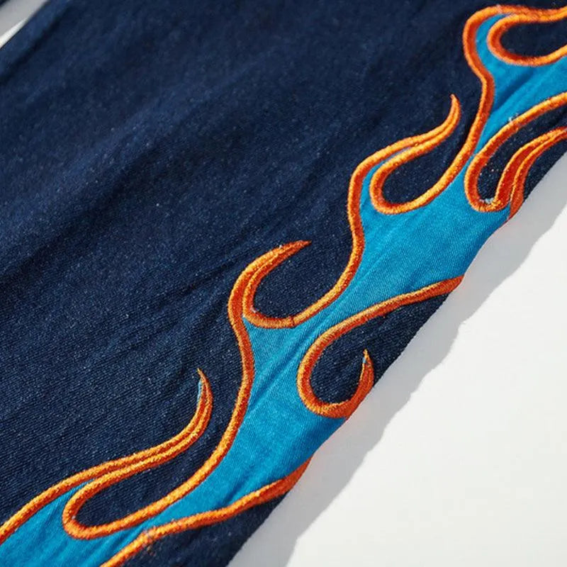 Burning Fire Embroidery Hiphop Straight Men Pants