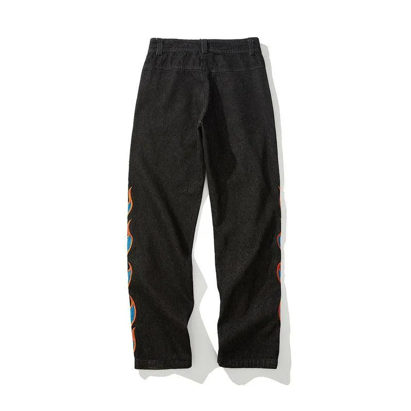 Burning Fire Embroidery Hiphop Straight Men Pants