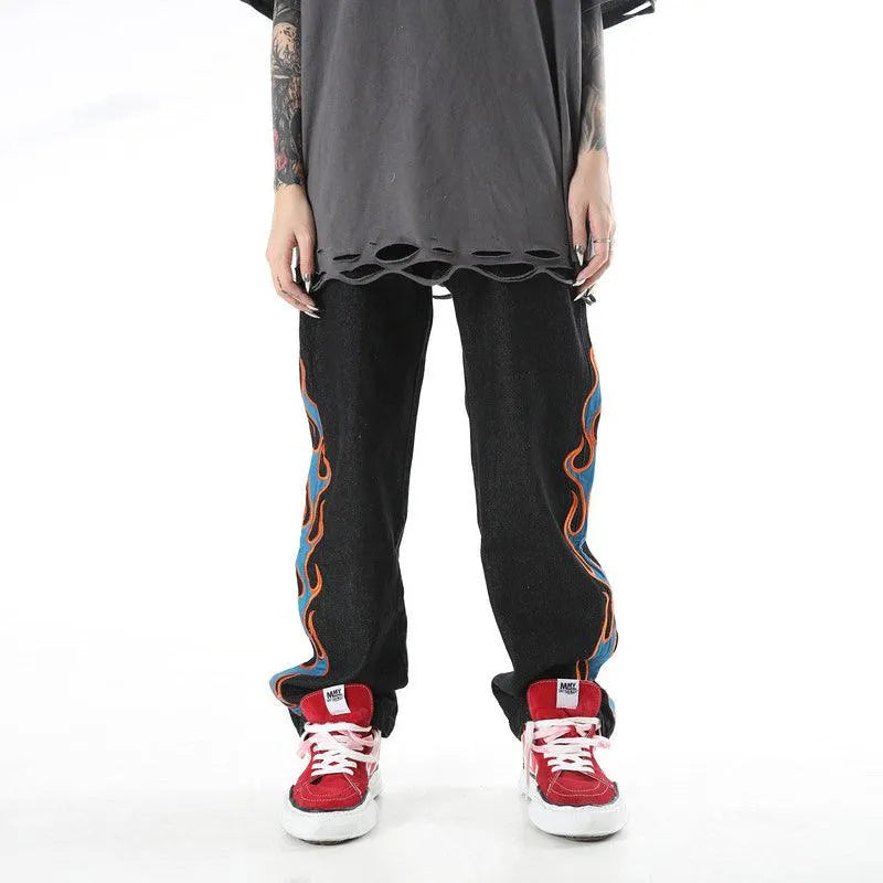 Burning Fire Embroidery Hiphop Straight Men Pants