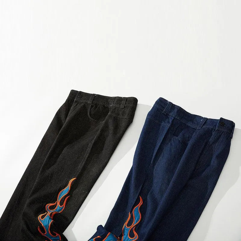 Burning Fire Embroidery Hiphop Straight Men Pants