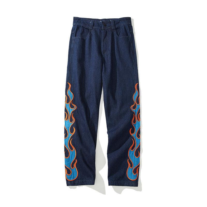 Burning Fire Embroidery Hiphop Straight Men Pants
