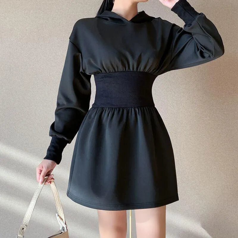 Elastic Waist Hooded Sweater Dress