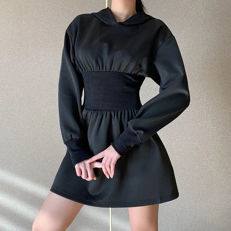Elastic Waist Hooded Sweater Dress