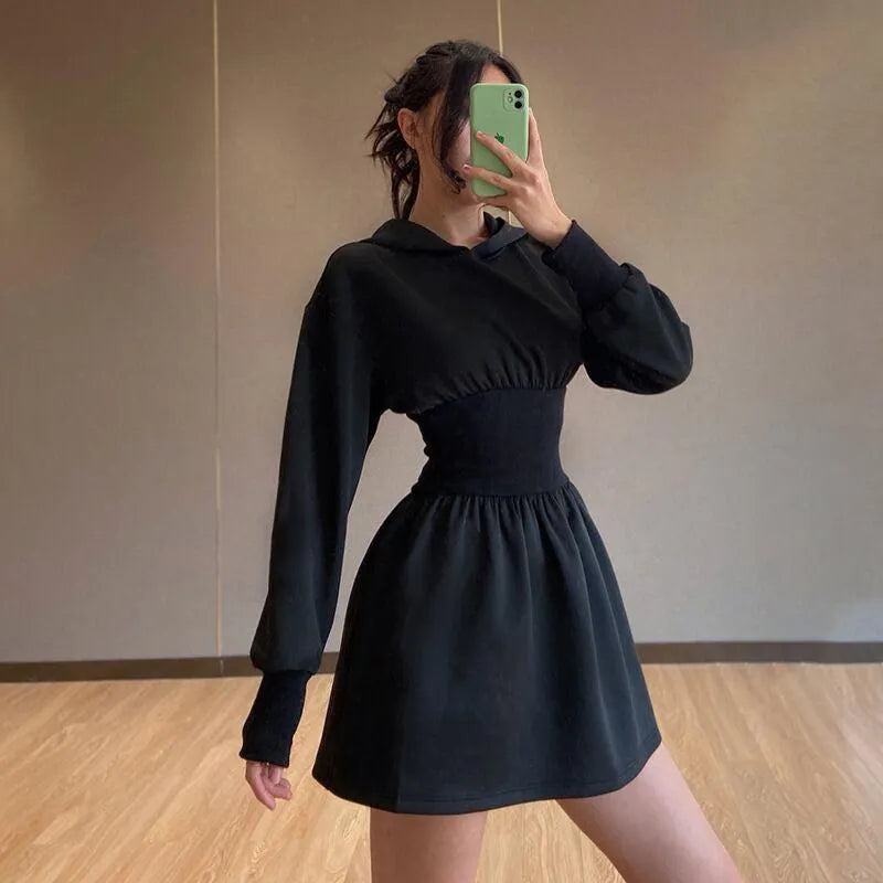 Elastic Waist Hooded Sweater Dress