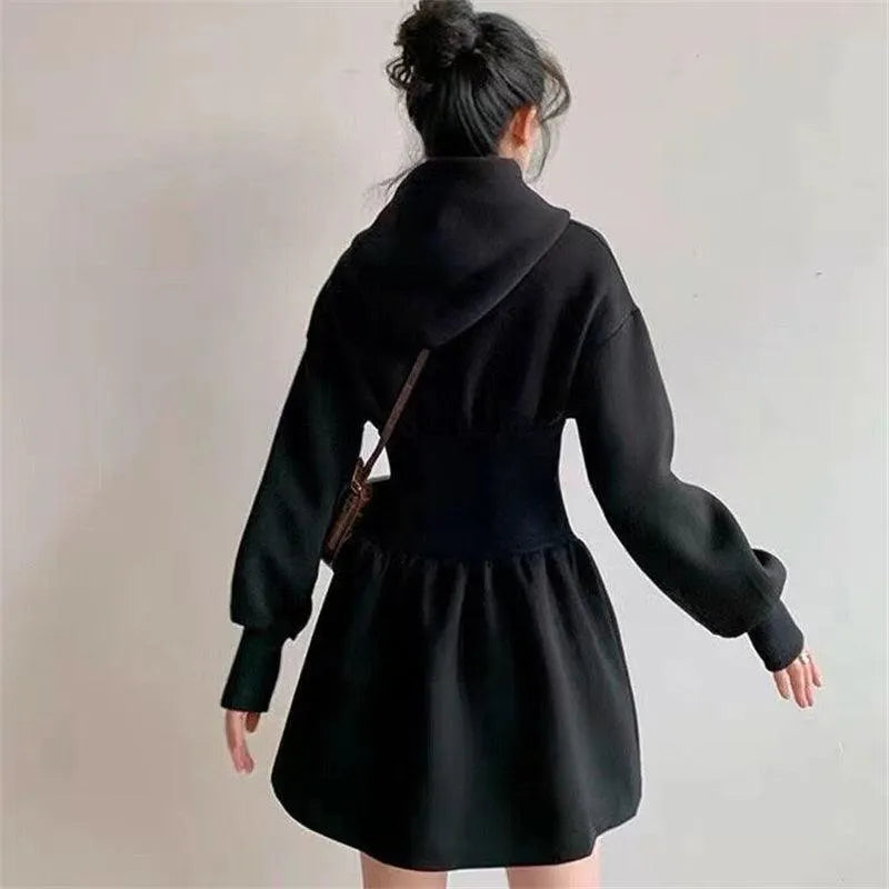 Elastic Waist Hooded Sweater Dress