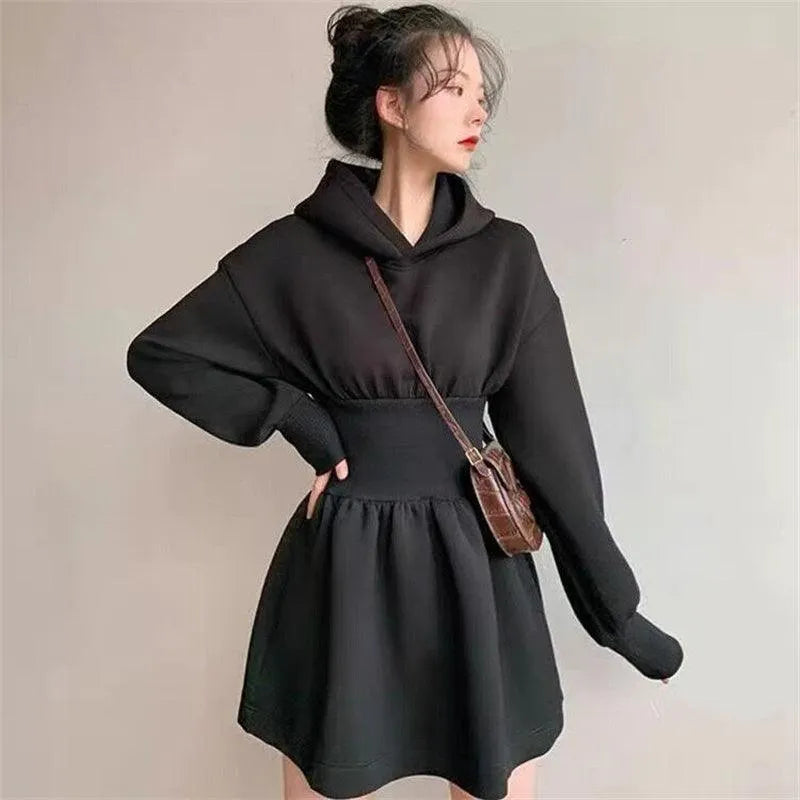 Elastic Waist Hooded Sweater Dress