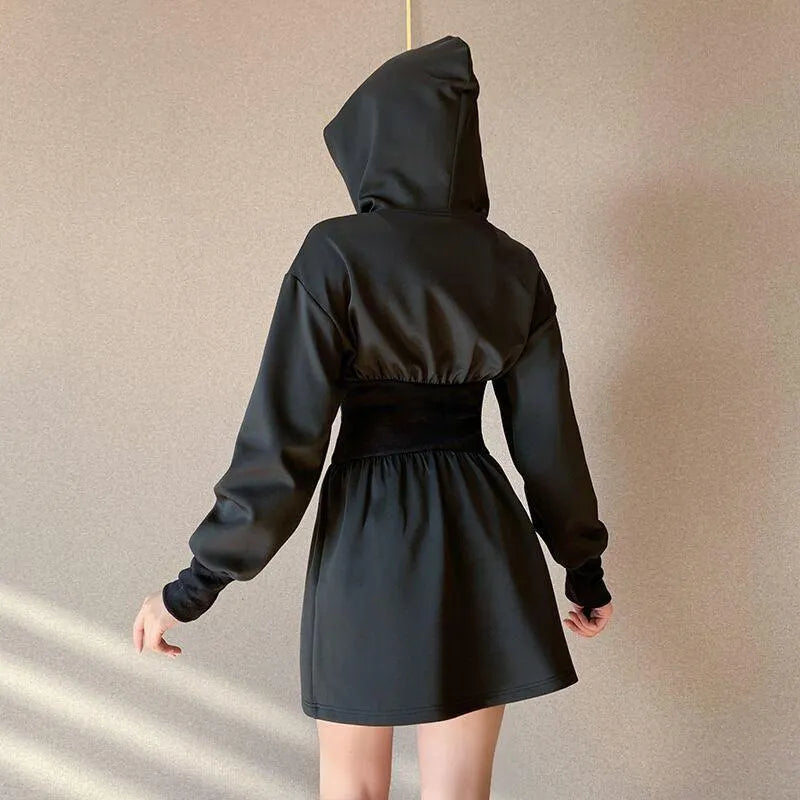 Elastic Waist Hooded Sweater Dress
