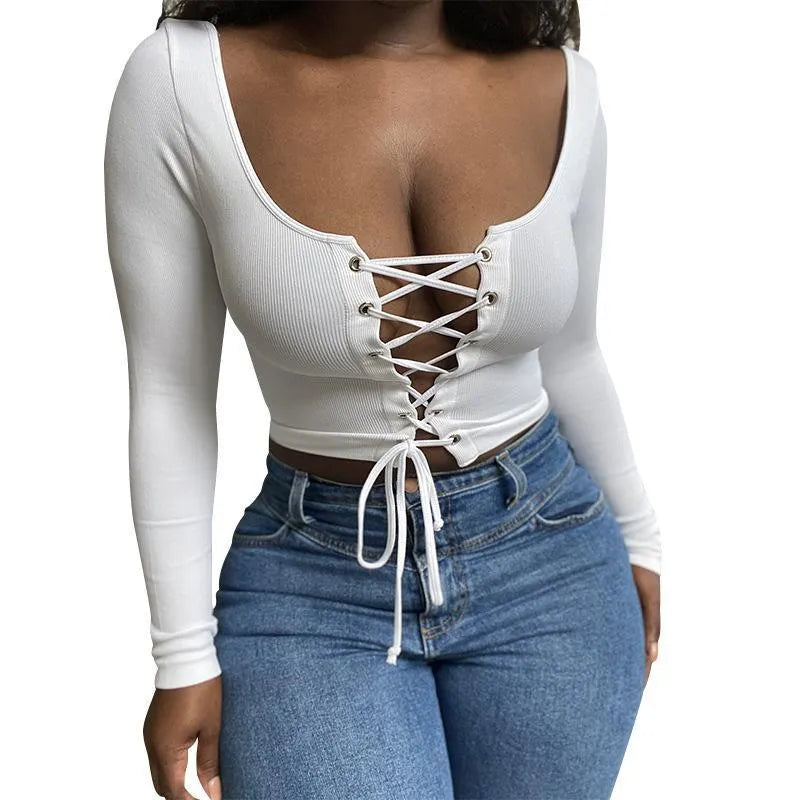 Square Neck Lace Up Front Long Sleeve Top