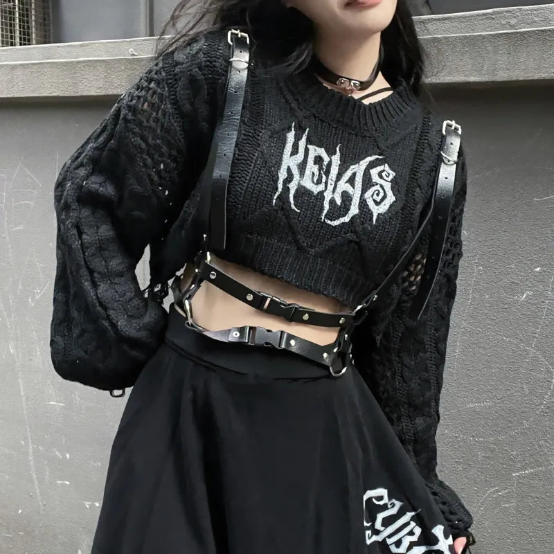 Goth Black Knit Cropped Sweater