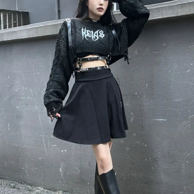 Goth Black Knit Cropped Sweater