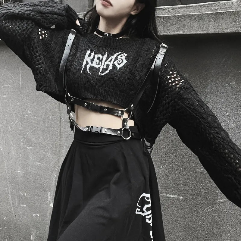Goth Black Knit Cropped Sweater