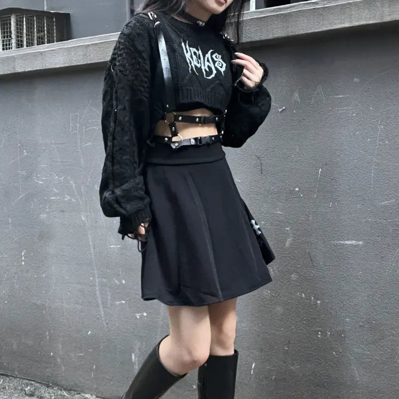 Goth Black Knit Cropped Sweater