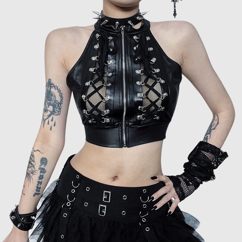 Beer Button Rivet Zipper Top