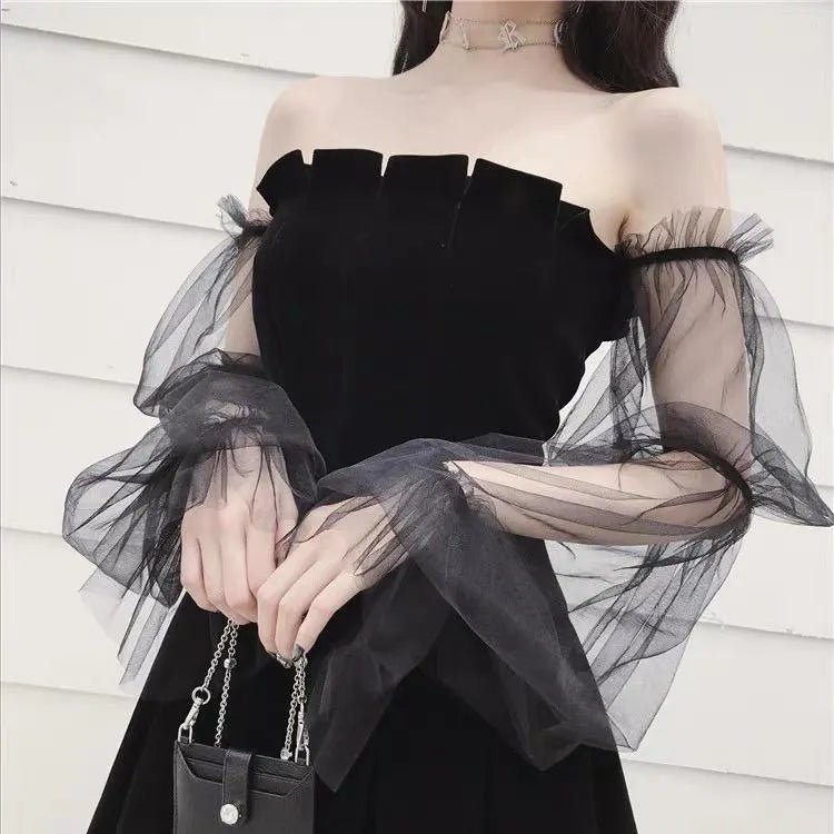 Off-shoulder Mesh Sleeved High Waist Pleated Dress