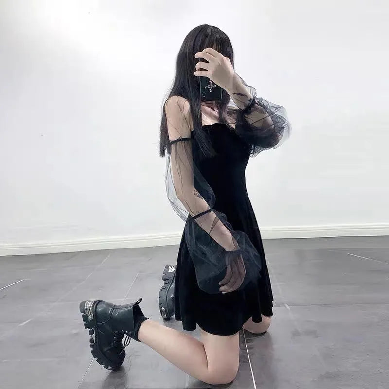 Off-shoulder Mesh Sleeved High Waist Pleated Dress
