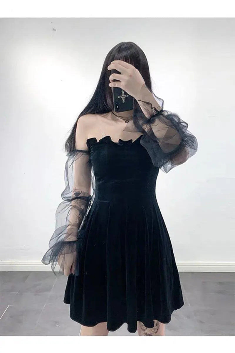 Off-shoulder Mesh Sleeved High Waist Pleated Dress