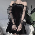 Off-shoulder Mesh Sleeved High Waist Pleated Dress
