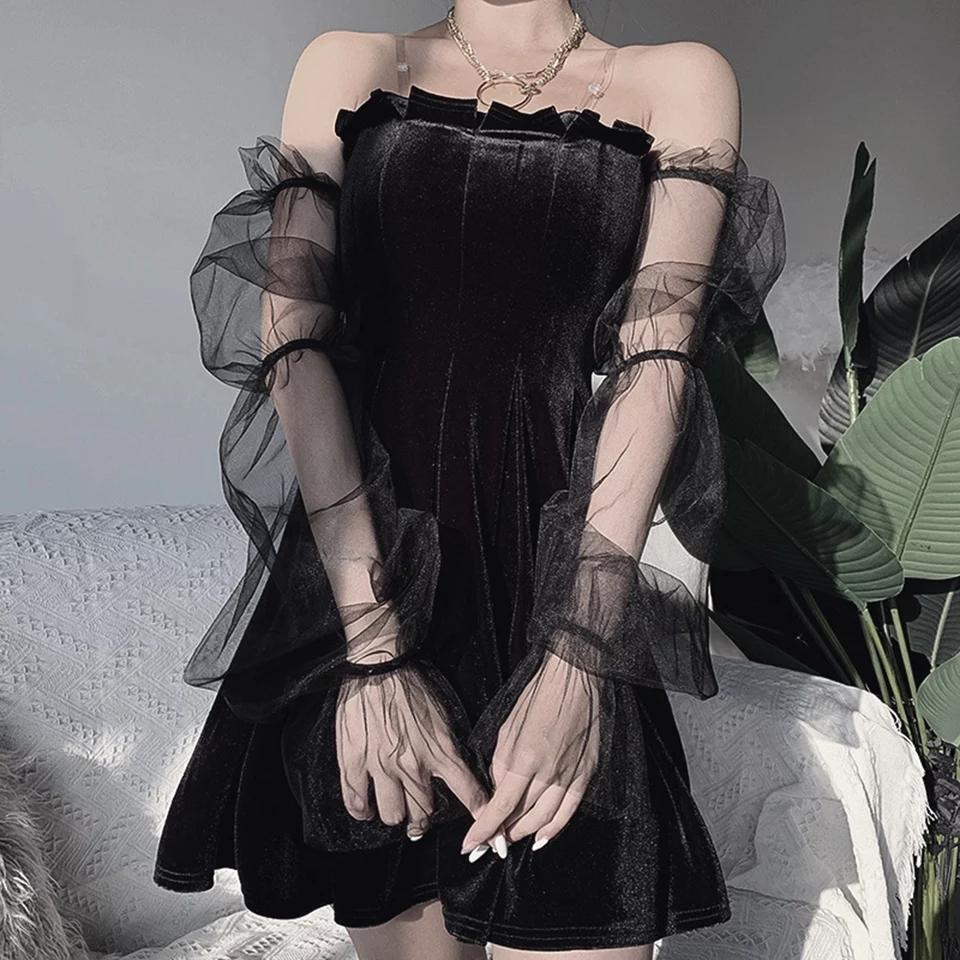 Off-shoulder Mesh Sleeved High Waist Pleated Dress
