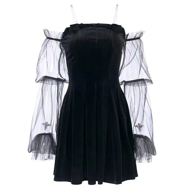 Off-shoulder Mesh Sleeved High Waist Pleated Dress
