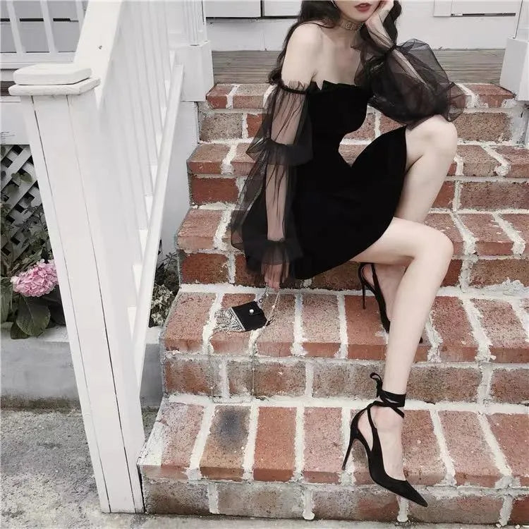 Off-shoulder Mesh Sleeved High Waist Pleated Dress