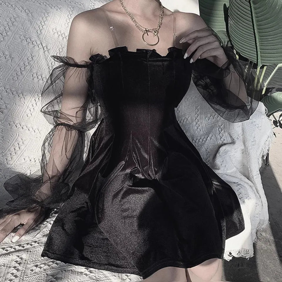 Off-shoulder Mesh Sleeved High Waist Pleated Dress
