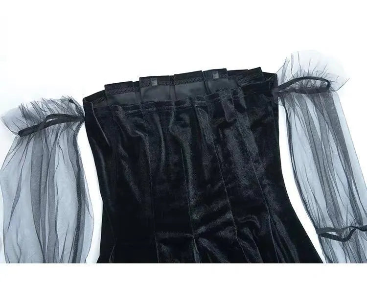 Off-shoulder Mesh Sleeved High Waist Pleated Dress