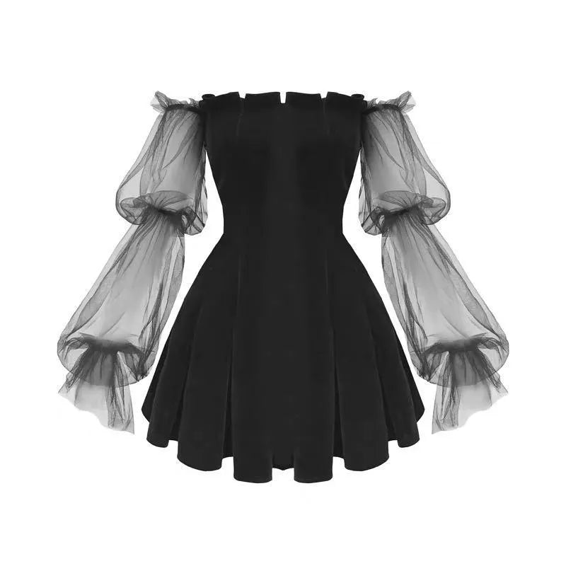 Off-shoulder Mesh Sleeved High Waist Pleated Dress