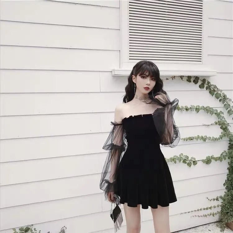 Off-shoulder Mesh Sleeved High Waist Pleated Dress