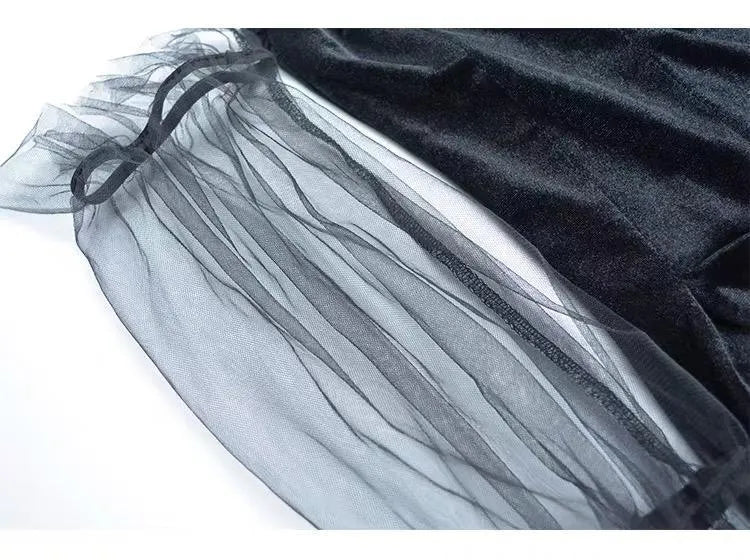 Off-shoulder Mesh Sleeved High Waist Pleated Dress