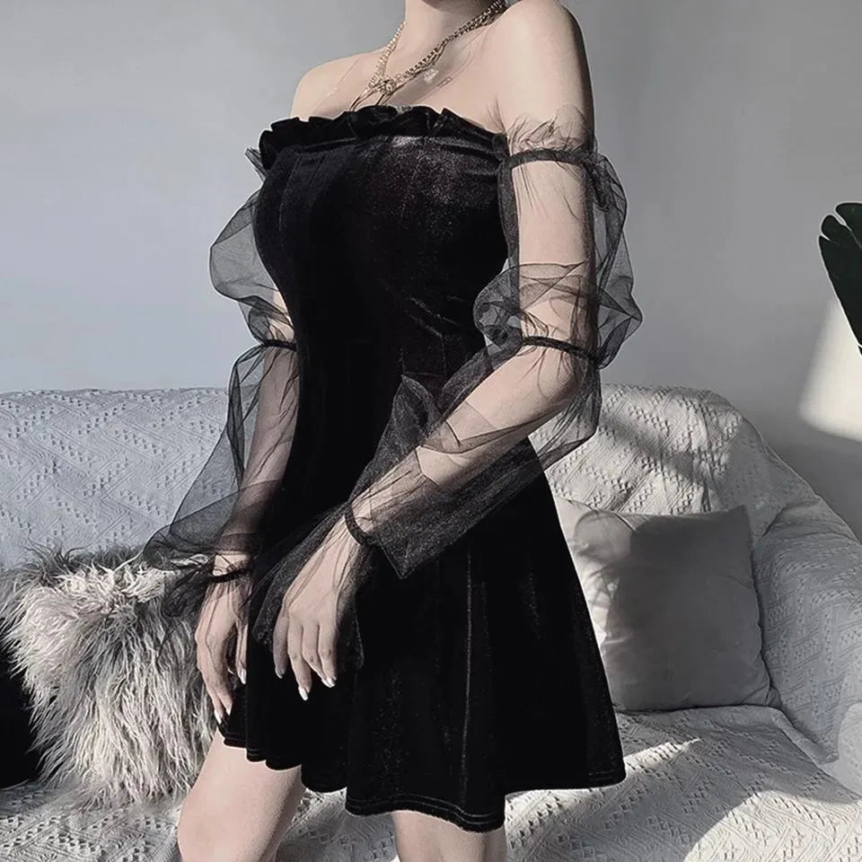 Off-shoulder Mesh Sleeved High Waist Pleated Dress