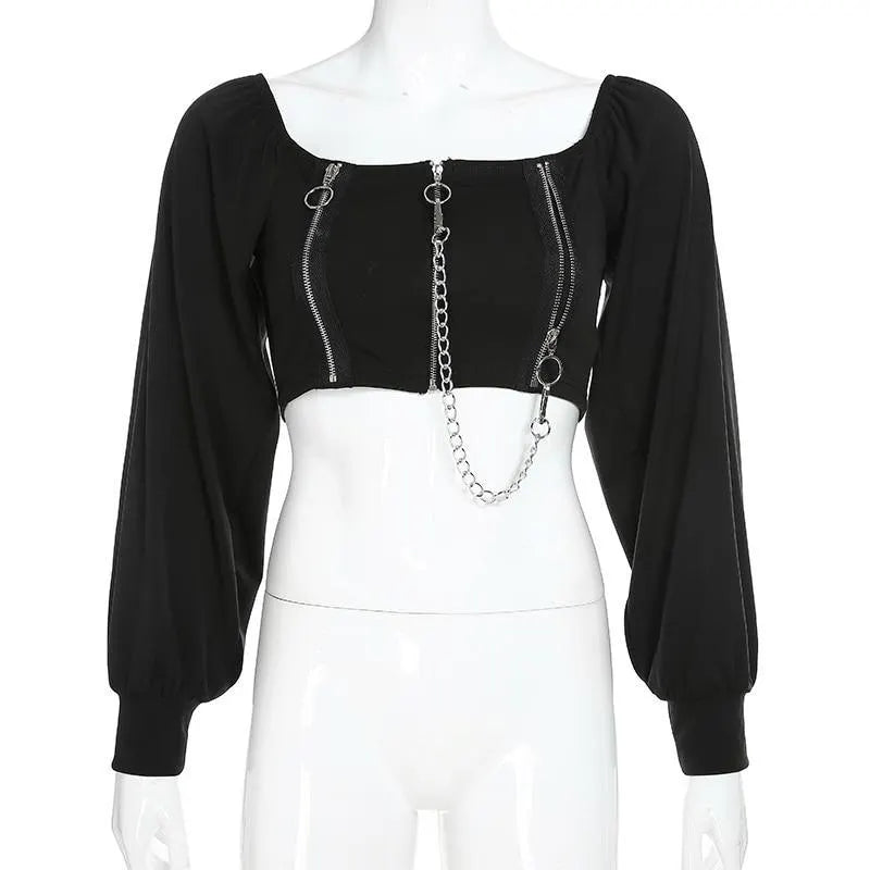 Gothic Lantern Sleeve Zipper Chain Crop Top